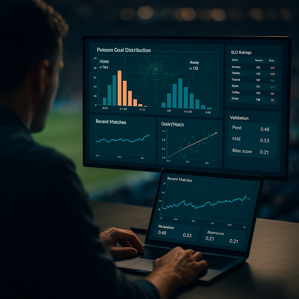 Photorealistic over-shoulder photo of a laptop and monitor displaying soccer match prediction analytics—Poisson goal