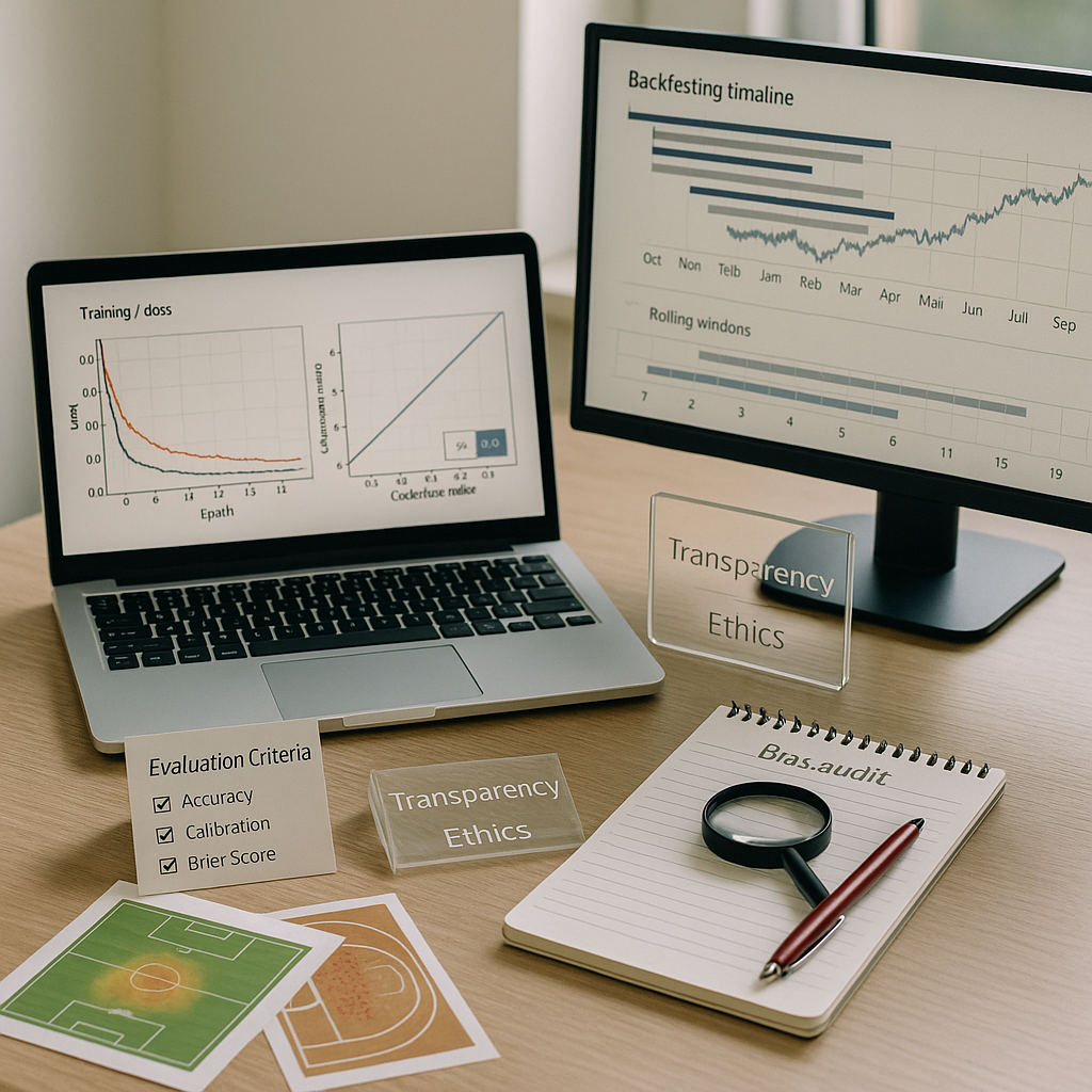 Photorealistic analyst desk with laptop and monitor showing overfitting and calibration charts and a